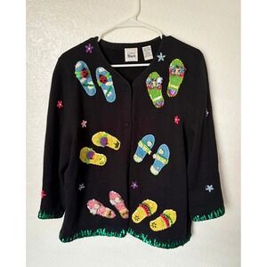 Vintage Emma Tricot Novelty Cardigan Flip Flop Sequin Beaded Knit Ugly Christmas